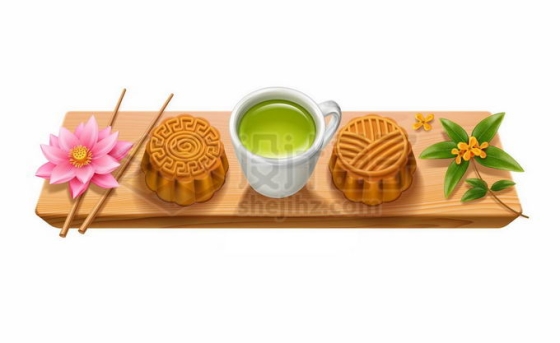木板上的莲花桂花月饼和茶杯等中秋节美食2202559矢量图片免抠素材免费下载