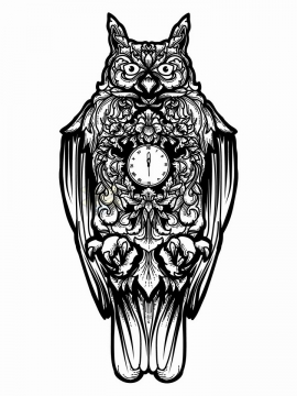 猫头鹰钟表带有抽象花纹黑色线条插画png图片免抠矢量素材