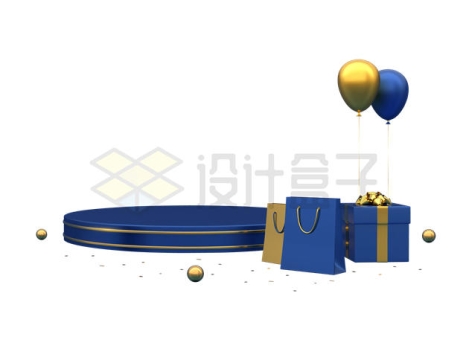 蓝色礼物盒购物袋气球和圆形产品展台6919803矢量图片免抠素材