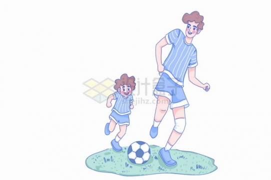 父亲节卡通爸爸和儿子一起踢足球玩耍亲子关系彩绘插画png图片素材