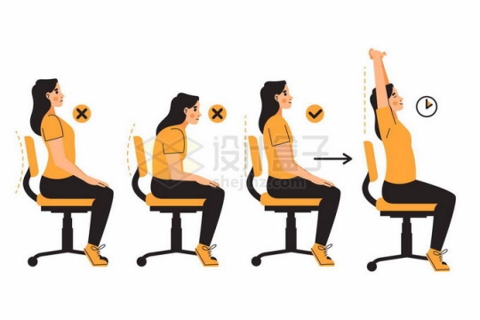 卡通女孩正确和错误坐姿以及坐久要伸伸懒腰健康坐姿7307659矢量图片免抠素材免费下载