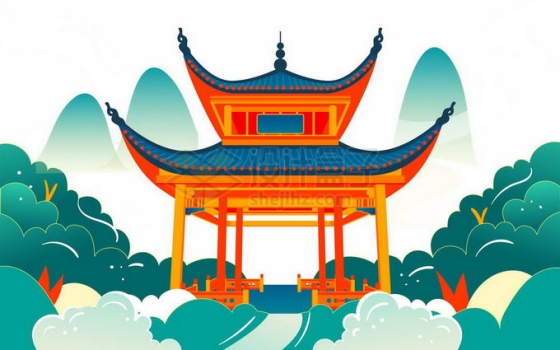 中国风云端的凉亭风景插画7321109矢量图片免抠素材