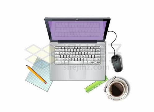 俯视视角的笔记本电脑和鼠标咖啡杯子办公用品2021998矢量图片免抠素材