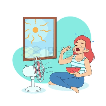 炎热夏天里坐在地上吹电风扇吃西瓜的卡通女孩5604856矢量图片免抠素材