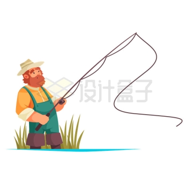 卡通男人站在水中用鱼竿钓鱼插画8990393矢量图片免抠素材