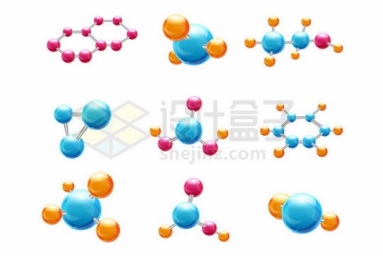 9款红色蓝色黄色小球组成的3D分子模型1529857矢量图片免抠素材