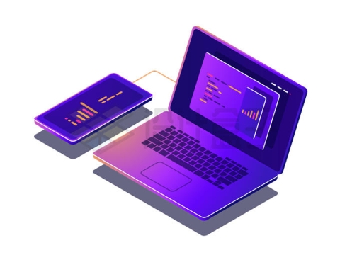 2.5D风格紫色设计师笔记本电脑连接平板电脑3254467矢量图片免抠素材