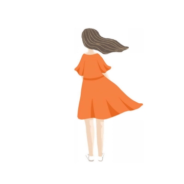 风中的橙色连衣裙长裙女孩背影手绘插画8114915PSD图片免抠素材