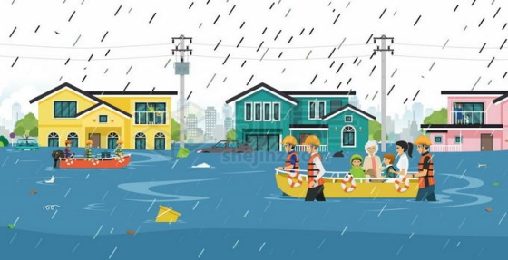 特大暴雨过后被洪水包围的房子以及救援人员用救生艇运送灾民1717962矢量图片免抠素材免费下载