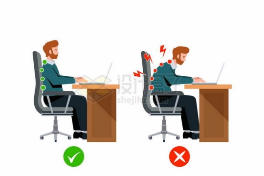 卡通男人用笔记本电脑的正确和错误坐姿对脊椎的伤害对比图4598744矢量图片免抠素材免费下载