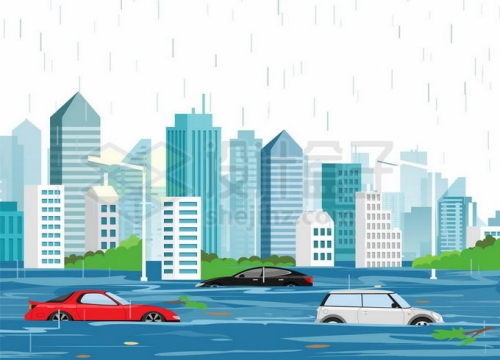 暴雨过后被洪水包围的城市以及被淹没的汽车水泡车7358167矢量图片免抠素材免费下载