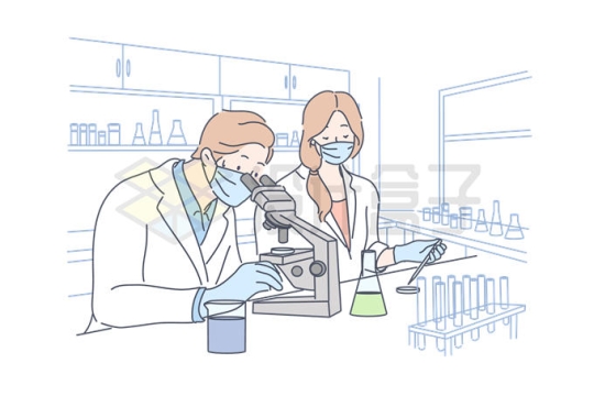 2个医生科学家正在用显微镜进行研究线条插画6878421矢量图片免抠素材