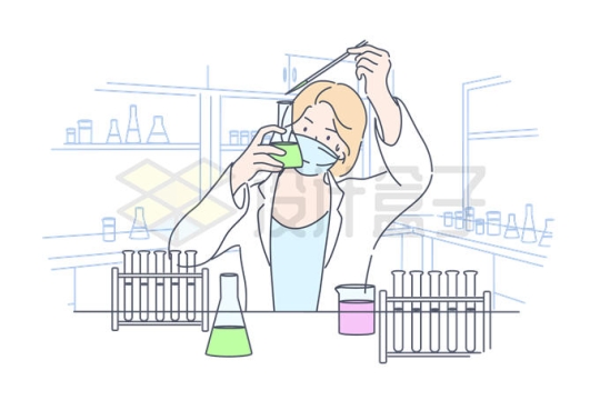 一名女医生科学家正在做化学实验线条插画4141275矢量图片免抠素材