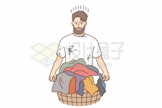 卡通男人抱着一堆脏衣服愁眉苦脸手绘线条插画3365172矢量图片免抠素材免费下载