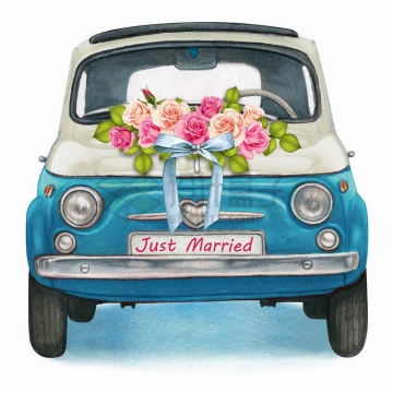 装饰鲜花的蓝色小汽车婚车结婚用车水彩插画png图片免抠矢量素材