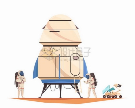 卡通火星探测飞船和两名宇航员一辆火星探测车png图片素材