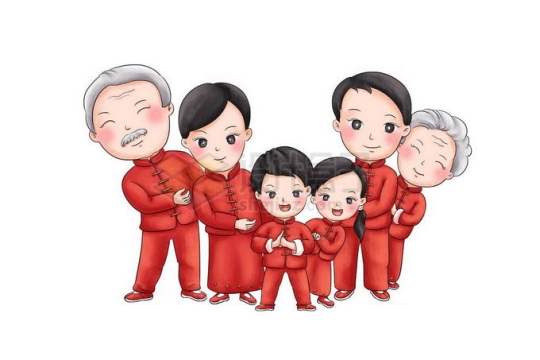 新年春节身穿红色服装的一家六口爷爷奶奶爸爸妈妈儿子女儿拜年5520029免抠图片素材