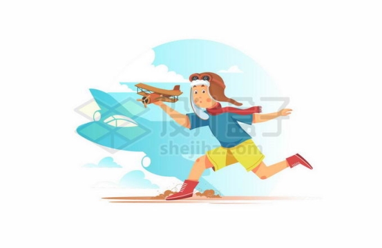 卡通男孩拿着玩具飞机有一个飞行员的梦想5396506矢量图片免抠素材