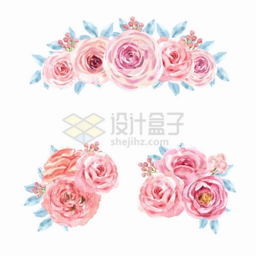 3款玫瑰花牡丹花等粉红色花朵鲜花水彩画花卉png图片免抠矢量素材
