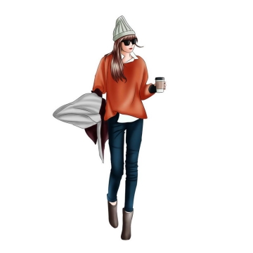 头戴毛线帽子红色上衣和牛仔裤的女孩拿着咖啡手绘插画5115951PSD图片免抠素材