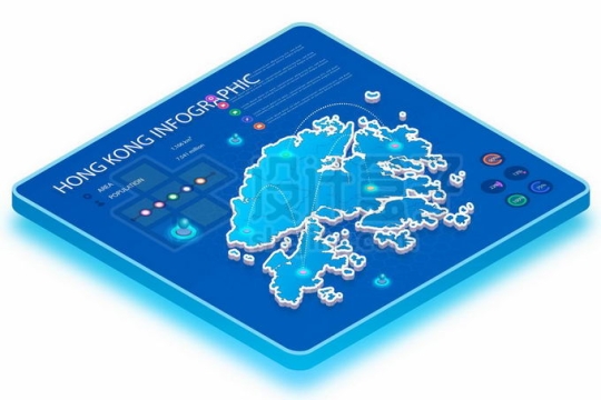 2.5D风格蓝色显示屏上的3D香港地图信息6309271矢量图片免抠素材