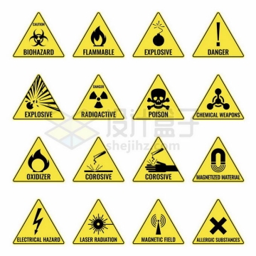 16款小心核污染火灾危险化学污染等黄色三角形警示标志3613317矢量图片免抠素材