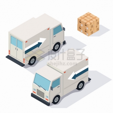 2.5D风格小型货车卡车前后视图和纸箱子货物png图片素材