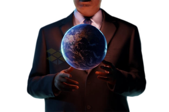 男人面前悬浮的发光地球3D模型5226462PSD免抠图片素材