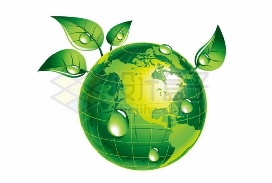绿色树叶水滴装饰的地球模型带经纬线2772436矢量图片免抠素材