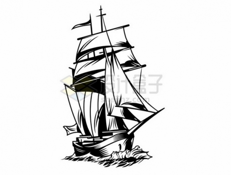 黑白画风格海面上的复古帆船913603png图片素材