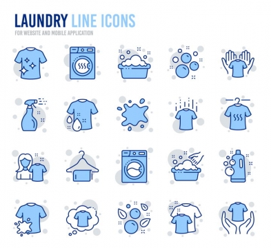 20款蓝色线性衣物清洁洗衣服线条icon图标图片免抠素材