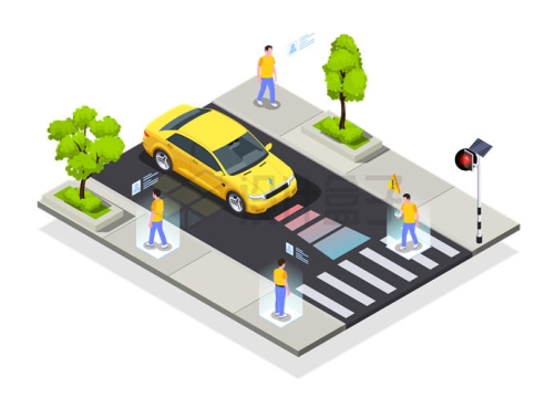 2.5D风格自动驾驶技术汽车识别道路上的行人2067755矢量图片免抠素材