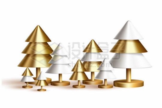 金色白色圆锥形圣诞树松树组成的树林装饰8720602矢量图片免抠素材