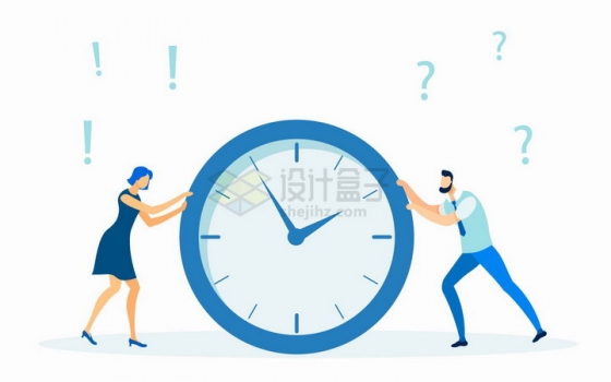 两个商务人士相互推着一个时钟象征了工作中的推卸责任扁平插画png图片免抠矢量素材