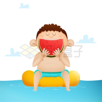 炎炎夏日坐在游泳圈上吃西瓜的卡通男孩5356225矢量图片免抠素材