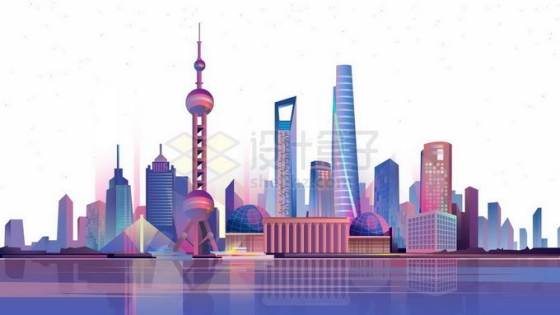彩色绚丽的上海陆家嘴城市CBD高楼大厦天际线插画9182348矢量图片免抠素材
