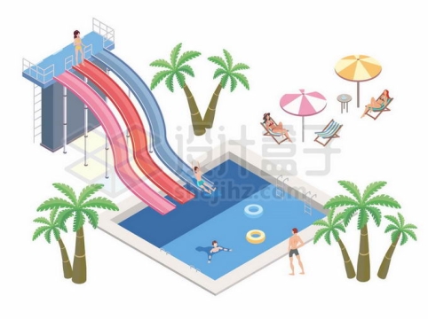 2.5D风格游泳池和彩色的水上滑滑梯水上游乐场9933245矢量图片免抠素材免费下载