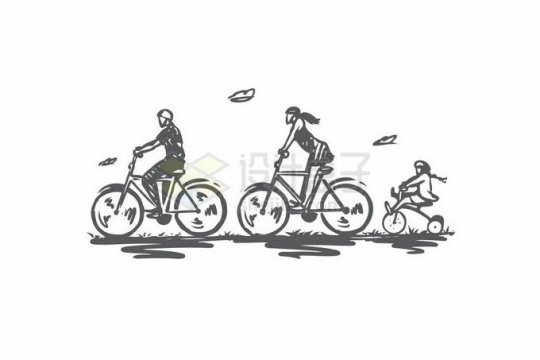骑自行车的一家三口一家人手绘涂鸦插画8655610矢量图片免抠素材
