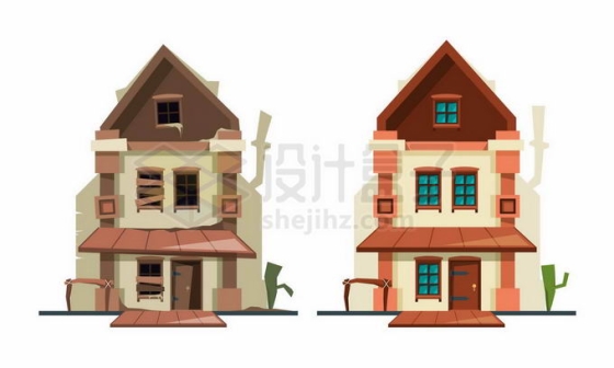 破败不堪的卡通小别墅房子建筑对比图2623184矢量图片免抠素材免费下载