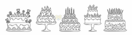 5款线条手绘风格结婚蛋糕生日蛋糕7137612矢量图片免抠素材