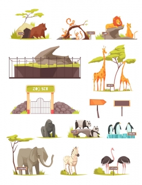 卡通风格野猪猴子狮子长颈鹿大猩猩熊猫大象斑马等动物园动物图片免抠矢量素材