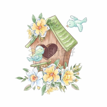 黄色白色玫瑰花装饰的卡通鸟窝和小鸟水彩插画png图片素材