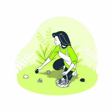 绿色扁平插画风格蹲地上采摘食物的女人png图片免抠矢量素材