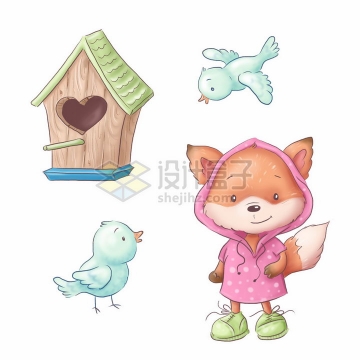 卡通木制鸟窝小鸟和小狐狸水彩插画png图片素材