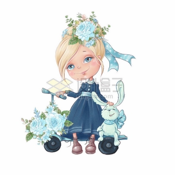 卡通女孩单车蓝色玫瑰花和小兔子水彩插画png图片素材