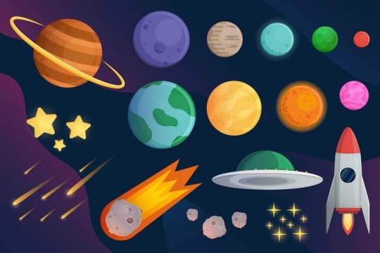 各种卡通风格太阳系行星和流星飞碟火箭等天文科普图片免抠素材