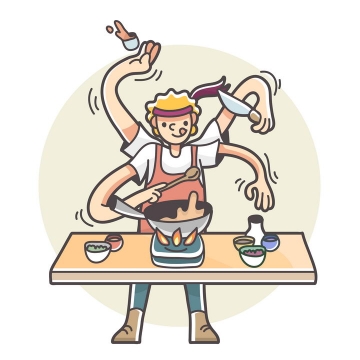 卡通漫画风格三头六臂手忙脚乱做饭的厨师图片免抠矢量素材