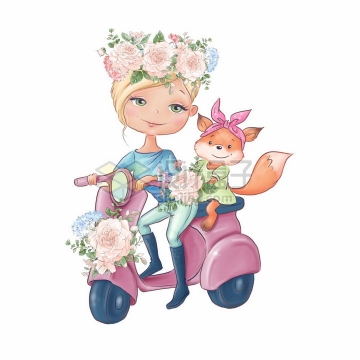 卡通女孩骑电动车载着小狐狸玫瑰花水彩插画png图片素材