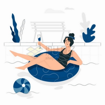 美女端着酒杯躺在游泳池里休闲时光扁平插画png图片素材