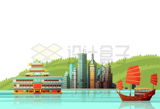香港城市地标建筑群和维多利亚湾风景2007823矢量图片免抠素材
